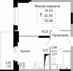 Однокомнатная квартира 34.09 м²