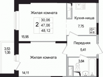 Двухкомнатная квартира 48.82 м²
