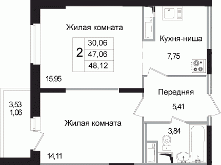 Двухкомнатная квартира 48.68 м²