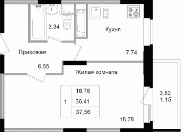 Однокомнатная квартира 37.74 м²