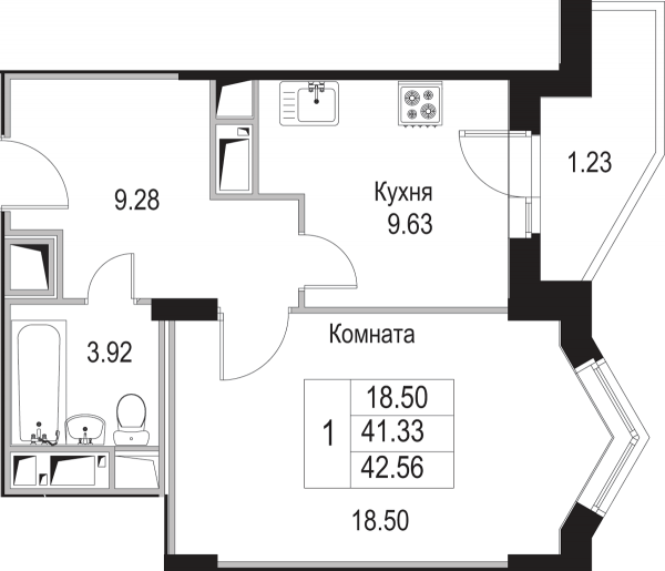 Однокомнатная квартира 42.56 м²