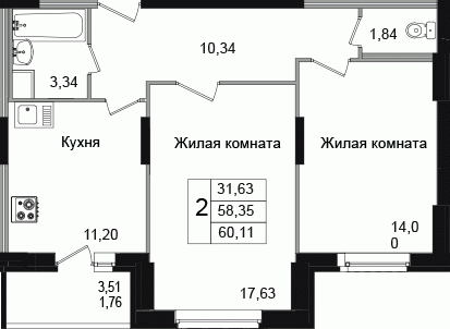 Двухкомнатная квартира 59.72 м²