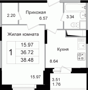 Однокомнатная квартира 38.85 м²