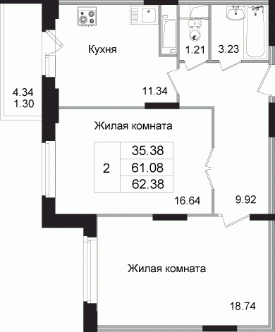 Двухкомнатная квартира 62.49 м²
