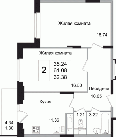 Двухкомнатная квартира 62.96 м²