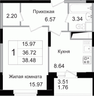 Однокомнатная квартира 38.5 м²