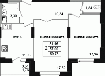 Двухкомнатная квартира 60.32 м²