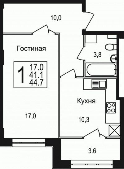 Однокомнатная квартира 44.7 м²