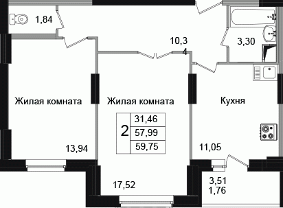 Двухкомнатная квартира 63.6 м²