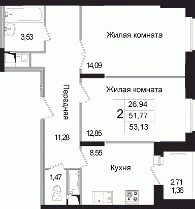 Двухкомнатная квартира 53.25 м²