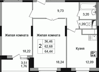 Двухкомнатная квартира 65.15 м²