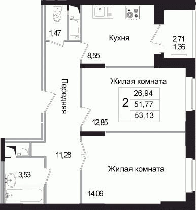 Двухкомнатная квартира 53.15 м²